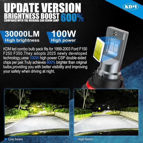 KDM Combo Bulbs Pack,100W High Power 600% Brightness CSP Chip Fit for 1999 2000 2001 2002 2003 Ford F150 F250 F350,6000K White High/Low Beam Fog Light Replacement Blubs,4 Pack in Saudi Arabia