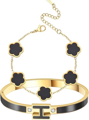 H Bangle & Clover Bracelet for Women - Stainless Steel Fashion Jewelry - 18K Gold Plated H Bangle and Lucky Five Leaf Clover Bracelet - Elegant Bracelets Set - Gift for Women in Kuwait