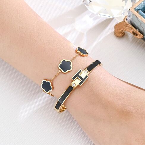 H Bangle & Clover Bracelet for Women - Stainless Steel Fashion Jewelry - 18K Gold Plated H Bangle and Lucky Five Leaf Clover Bracelet - Elegant Bracelets Set - Gift for Women in Kuwait