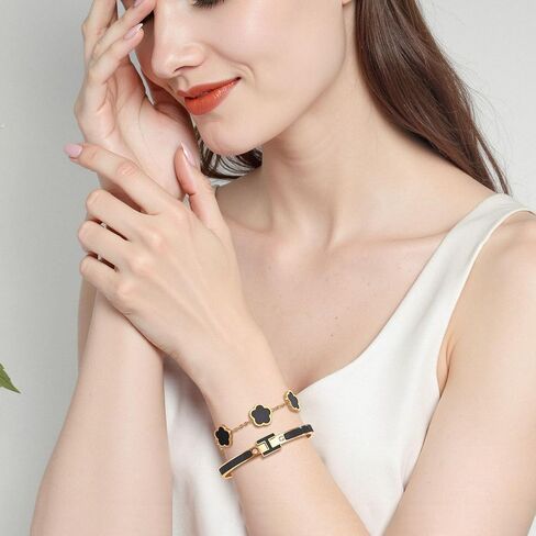 H Bangle & Clover Bracelet for Women - Stainless Steel Fashion Jewelry - 18K Gold Plated H Bangle and Lucky Five Leaf Clover Bracelet - Elegant Bracelets Set - Gift for Women in Kuwait