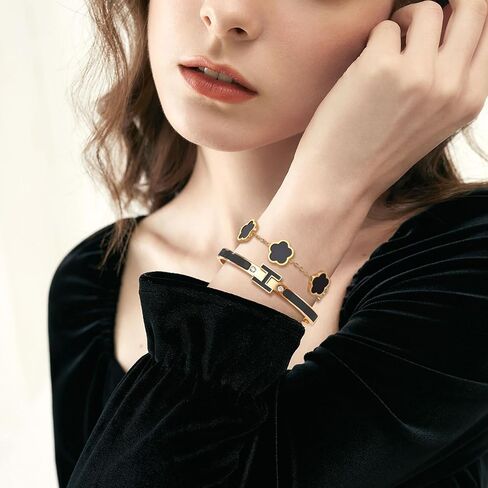 H Bangle & Clover Bracelet for Women - Stainless Steel Fashion Jewelry - 18K Gold Plated H Bangle and Lucky Five Leaf Clover Bracelet - Elegant Bracelets Set - Gift for Women in Kuwait