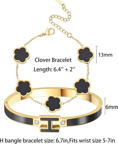 H Bangle & Clover Bracelet for Women - Stainless Steel Fashion Jewelry - 18K Gold Plated H Bangle and Lucky Five Leaf Clover Bracelet - Elegant Bracelets Set - Gift for Women in Kuwait