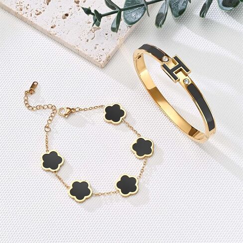 H Bangle & Clover Bracelet for Women - Stainless Steel Fashion Jewelry - 18K Gold Plated H Bangle and Lucky Five Leaf Clover Bracelet - Elegant Bracelets Set - Gift for Women in Kuwait