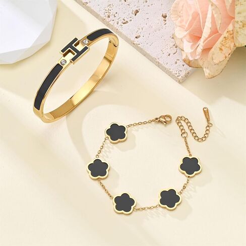 H Bangle & Clover Bracelet for Women - Stainless Steel Fashion Jewelry - 18K Gold Plated H Bangle and Lucky Five Leaf Clover Bracelet - Elegant Bracelets Set - Gift for Women in Kuwait
