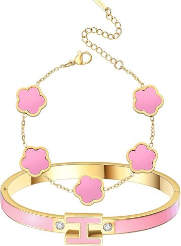 H Bangle & Clover Bracelet for Women - Stainless Steel Fashion Jewelry - 18K Gold Plated H Bangle and Lucky Five Leaf Clover Bracelet - Elegant Bracelets Set - Gift for Women in Kuwait