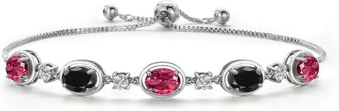 Gem Stone King 925 Sterling Silver Pink Tourmaline and Black Sapphire and Lab Grown Diamond Bracelet For Women | 5.15 Cttw | Gemstone October Birthstone | Oval 7X5MM | Fully Adjustable 9 Inch in Saudi Arabia