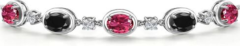 Gem Stone King 925 Sterling Silver Pink Tourmaline and Black Sapphire and Lab Grown Diamond Bracelet For Women | 5.15 Cttw | Gemstone October Birthstone | Oval 7X5MM | Fully Adjustable 9 Inch in Saudi Arabia