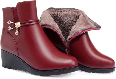 Women's Black Wedge Heel Ankle Booties Soft Leather Platform Side Zipper Sparkling Rhinestones Winter Warm Fur Lined Thickening Snow Boot in Saudi Arabia