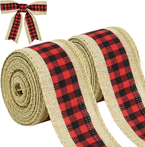 TONIFUL 2 Rolls-2.5 Inch Black and White Plaid Check Burlap Ribbon,Burlap Wired Ribbon for Crafts Ornament Wrapping, Bows Making, Room and Party Decoration (6yds/roll) in Kuwait