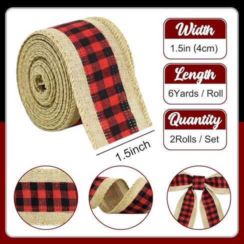 TONIFUL 2 Rolls-2.5 Inch Black and White Plaid Check Burlap Ribbon,Burlap Wired Ribbon for Crafts Ornament Wrapping, Bows Making, Room and Party Decoration (6yds/roll) in Kuwait
