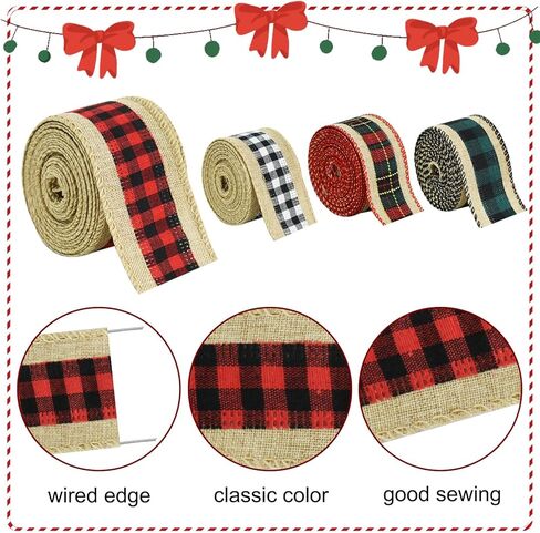 TONIFUL 2 Rolls-2.5 Inch Black and White Plaid Check Burlap Ribbon,Burlap Wired Ribbon for Crafts Ornament Wrapping, Bows Making, Room and Party Decoration (6yds/roll) in Kuwait