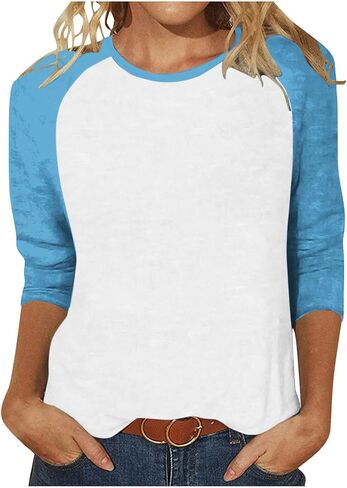 3/4 Length Sleeve Womens Tops Dressy Casual Color Block T Shirts Round Neck Loose Soft Pullover Blouses in Saudi Arabia