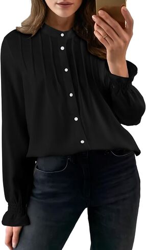 Astylish Women's Casual Blouses Button-Down Business Work Tops Long Sleeve Mandarin Neck Pleated Shirts 2025 Fall Outfits in Kuwait