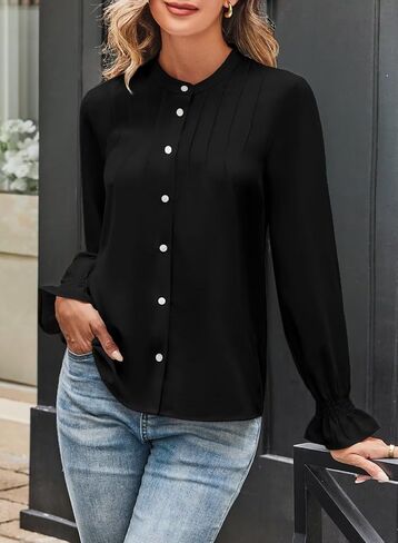 Astylish Women's Casual Blouses Button-Down Business Work Tops Long Sleeve Mandarin Neck Pleated Shirts 2025 Fall Outfits in Kuwait