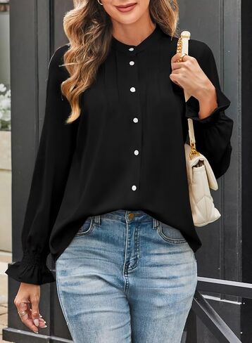 Astylish Women's Casual Blouses Button-Down Business Work Tops Long Sleeve Mandarin Neck Pleated Shirts 2025 Fall Outfits in Kuwait