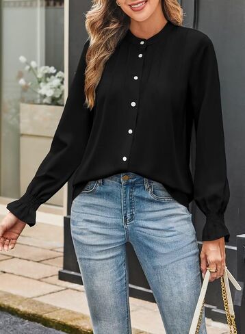 Astylish Women's Casual Blouses Button-Down Business Work Tops Long Sleeve Mandarin Neck Pleated Shirts 2025 Fall Outfits in Kuwait