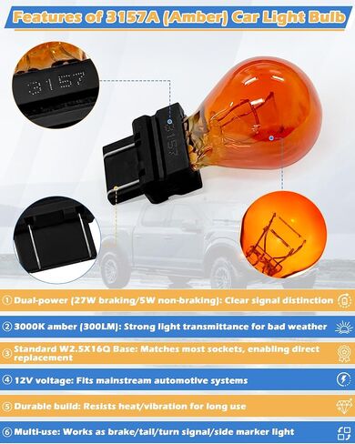 IWIWE 3157A (Amber) Auto Light Bulb 10 Pack – Compatible with 3047/3057/3157LL/3157K/3457/3757/4057/4157, for Cars/Trucks/SUVs (Brake/Tail/Side Marker/Turn Signal Lights) in Saudi Arabia