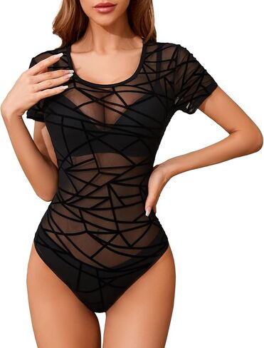بدلة JomeDesign للنساء بأكمام قصيرة وملابس نادي مثيرة باللون الأسود، ملابس داخلية شبكية شفافة، مقاس X-Large in Kuwait