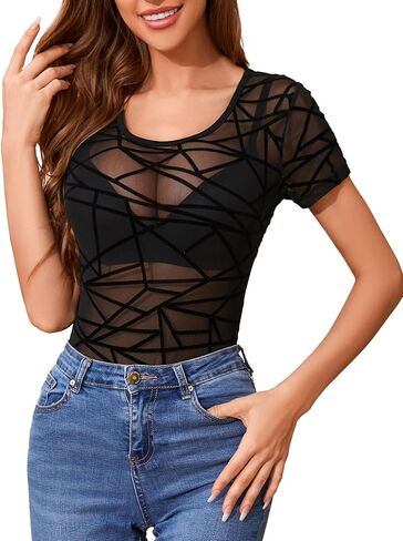 بدلة JomeDesign للنساء بأكمام قصيرة وملابس نادي مثيرة باللون الأسود، ملابس داخلية شبكية شفافة، مقاس X-Large in Kuwait