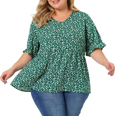 Agnes Orinda Plus Size Floral Peplum Tops for Women V Neck Ruffle Short Sleeve Babydoll Blouses in Saudi Arabia