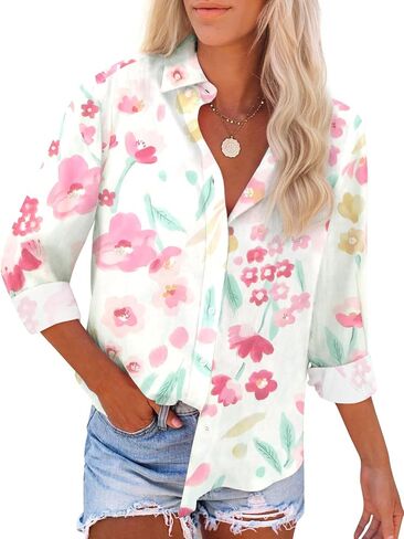 Floral Button Down Shirts for Women Casual V Neck Boho Long Sleeve Tops Fashion Loose Summer Spring Vacation Blouses in Kuwait