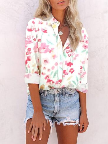 Floral Button Down Shirts for Women Casual V Neck Boho Long Sleeve Tops Fashion Loose Summer Spring Vacation Blouses in Kuwait