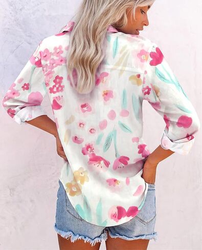 Floral Button Down Shirts for Women Casual V Neck Boho Long Sleeve Tops Fashion Loose Summer Spring Vacation Blouses in Kuwait