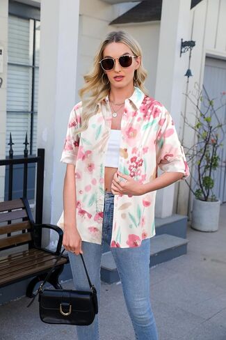 Floral Button Down Shirts for Women Casual V Neck Boho Long Sleeve Tops Fashion Loose Summer Spring Vacation Blouses in Kuwait