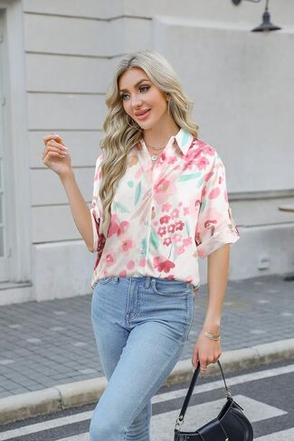 Floral Button Down Shirts for Women Casual V Neck Boho Long Sleeve Tops Fashion Loose Summer Spring Vacation Blouses in Kuwait