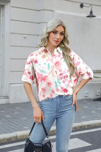 Floral Button Down Shirts for Women Casual V Neck Boho Long Sleeve Tops Fashion Loose Summer Spring Vacation Blouses in Kuwait