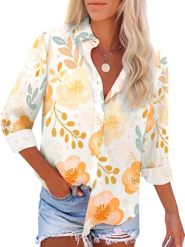 Floral Button Down Shirts for Women Casual V Neck Boho Long Sleeve Tops Fashion Loose Summer Spring Vacation Blouses in Kuwait