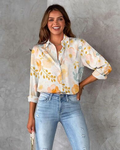 Floral Button Down Shirts for Women Casual V Neck Boho Long Sleeve Tops Fashion Loose Summer Spring Vacation Blouses in Kuwait