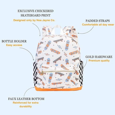 Noa Jayne Co. Boys 16" Backpack Ages 5–8 – Retro Skateboard & Checkered School Bag | Trendy Lightweight Durable Kids Backpack for Elementary & Travel in Saudi Arabia
