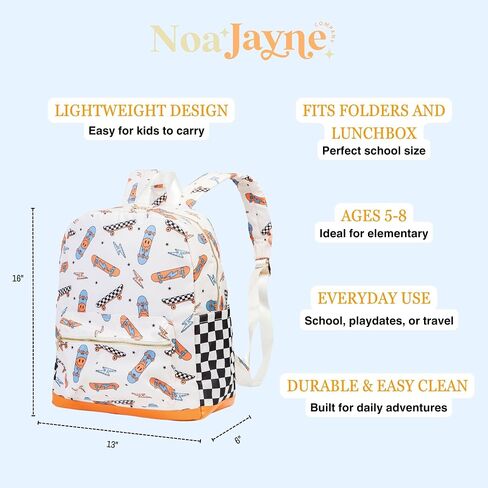 Noa Jayne Co. Boys 16" Backpack Ages 5–8 – Retro Skateboard & Checkered School Bag | Trendy Lightweight Durable Kids Backpack for Elementary & Travel in Saudi Arabia