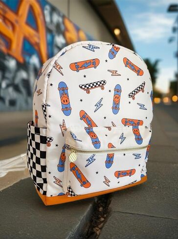 Noa Jayne Co. Boys 16" Backpack Ages 5–8 – Retro Skateboard & Checkered School Bag | Trendy Lightweight Durable Kids Backpack for Elementary & Travel in Saudi Arabia