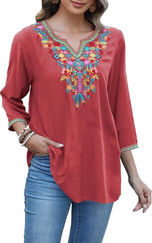 Grosy 3/4 Sleeve Embroidered Mexican Tunic Tops for Women Plus Size Boho Peasant Blouses Bohemian Tunics Hippie Shirts in Kuwait
