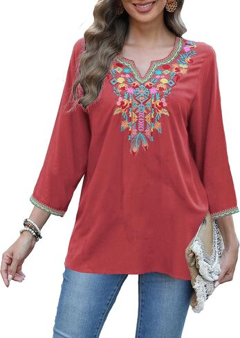 Grosy 3/4 Sleeve Embroidered Mexican Tunic Tops for Women Plus Size Boho Peasant Blouses Bohemian Tunics Hippie Shirts in Kuwait