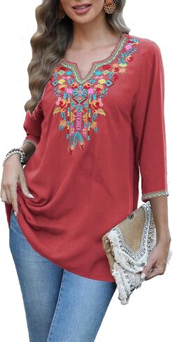 Grosy 3/4 Sleeve Embroidered Mexican Tunic Tops for Women Plus Size Boho Peasant Blouses Bohemian Tunics Hippie Shirts in Kuwait