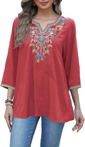 Grosy 3/4 Sleeve Embroidered Mexican Tunic Tops for Women Plus Size Boho Peasant Blouses Bohemian Tunics Hippie Shirts in Kuwait