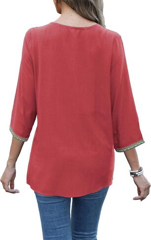 Grosy 3/4 Sleeve Embroidered Mexican Tunic Tops for Women Plus Size Boho Peasant Blouses Bohemian Tunics Hippie Shirts in Kuwait