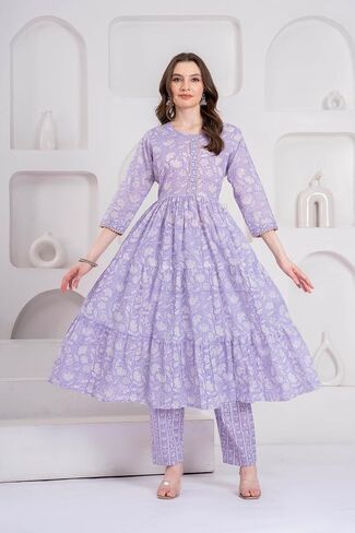 مجموعة كورتا أناركالي للسيدات من القطن الخالص - بنطال كورتي مزين بالورود مع دوباتا - ملابس عرقية للنساء - فستان تونيك هندي in Saudi Arabia