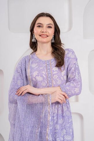 مجموعة كورتا أناركالي للسيدات من القطن الخالص - بنطال كورتي مزين بالورود مع دوباتا - ملابس عرقية للنساء - فستان تونيك هندي in Saudi Arabia