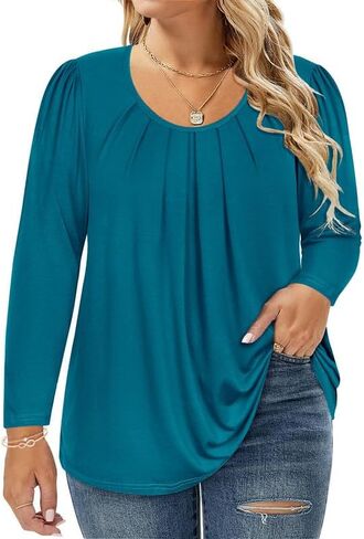 TIYOMI Womens Plus Size Tops Long Sleeve Pleated Flowy Round V Neck Tunic Dressy Casual Loose Fit T-shirts Blouses XL-5XL in Saudi Arabia