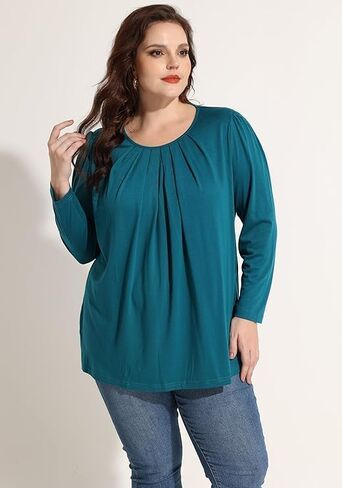 TIYOMI Womens Plus Size Tops Long Sleeve Pleated Flowy Round V Neck Tunic Dressy Casual Loose Fit T-shirts Blouses XL-5XL in Saudi Arabia