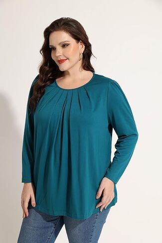 TIYOMI Womens Plus Size Tops Long Sleeve Pleated Flowy Round V Neck Tunic Dressy Casual Loose Fit T-shirts Blouses XL-5XL in Saudi Arabia