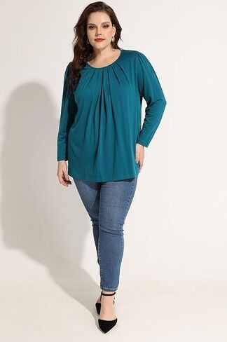 TIYOMI Womens Plus Size Tops Long Sleeve Pleated Flowy Round V Neck Tunic Dressy Casual Loose Fit T-shirts Blouses XL-5XL in Saudi Arabia