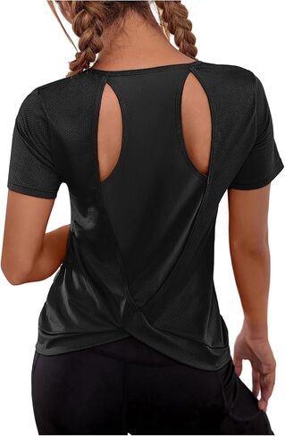 OYOANGLE Women's Open Back Workout Tops Short Sleeve Cut Out Crossover Hem Running Gym Exercise Athletic T Shirts in Saudi Arabia