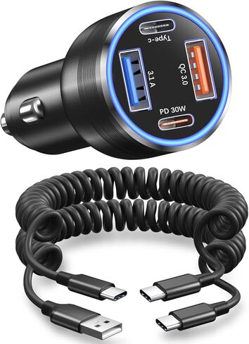 Car Charger for iPhone 16/15 Pro Max,OKRAY 65W 4-Port PD30W+QC3.0 USB C Fast Car Charger Cigarette Lighter Adapter & 2×5FT USB C Coiled Carplay Cable for iPhone 15 16 Pro Max Plus,Galaxy,Pixel,Android in Kuwait