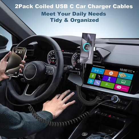 Car Charger for iPhone 16/15 Pro Max,OKRAY 65W 4-Port PD30W+QC3.0 USB C Fast Car Charger Cigarette Lighter Adapter & 2×5FT USB C Coiled Carplay Cable for iPhone 15 16 Pro Max Plus,Galaxy,Pixel,Android in Kuwait