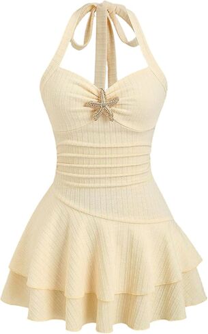 SOLY HUX Women's Summer Halter Mini Dress Tie Backless Sleeveless Layered A Line Ruffle Vacation Going Out Dresses in Saudi Arabia